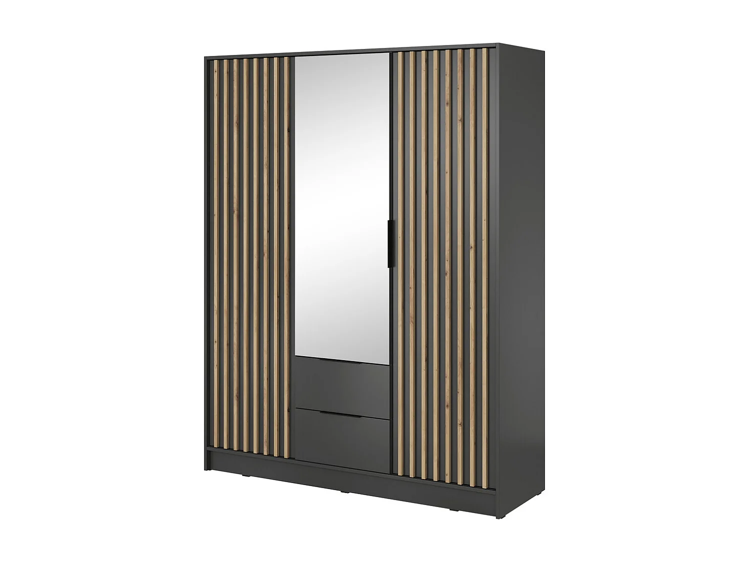 Armoire avec miroir Fioro - armoire à portes battantes 150 cm, 3 portes, tiroirs - lamelles, tringle, graphite