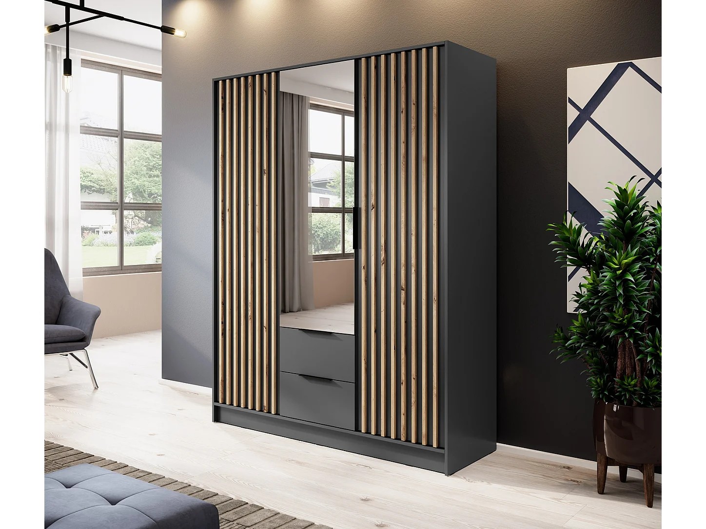 Armoire avec miroir Fioro - armoire à portes battantes 150 cm, 3 portes, tiroirs - lamelles, tringle, graphite