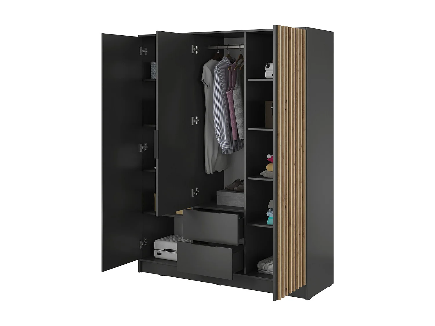 Armoire avec miroir Fioro - armoire à portes battantes 150 cm, 3 portes, tiroirs - lamelles, tringle, graphite