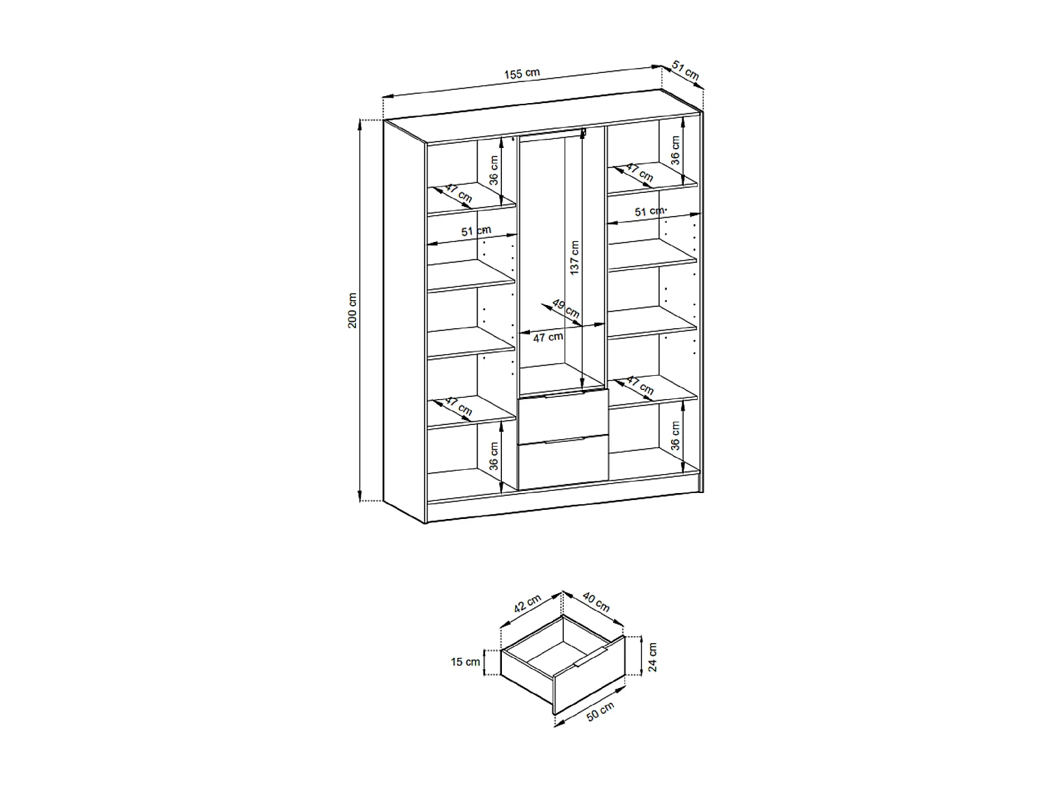 Armoire avec miroir Fioro - armoire à portes battantes 150 cm, 3 portes, tiroirs - lamelles, tringle, graphite