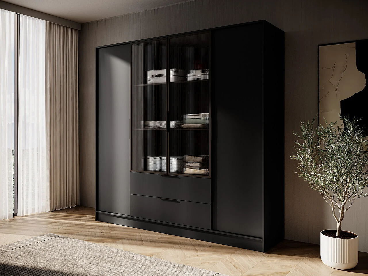 Draaideurkast 200 cm Kalma 4DRM - kast met geribbeld glas, lades, 4 deuren - zwart