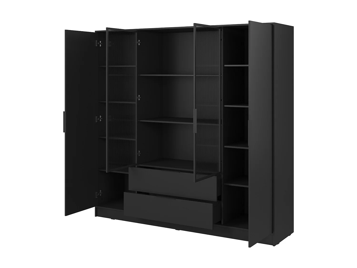 Draaideurkast 200 cm Kalma 4DRM - kast met geribbeld glas, lades, 4 deuren - zwart