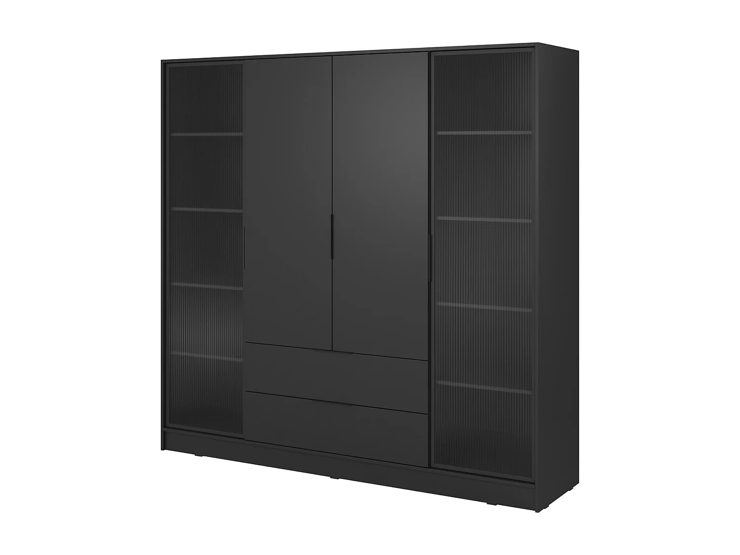 Vierdeurs kast 200 cm Kalma 4DRD met glas, twee lades - moderne kast met draaideuren - zwart