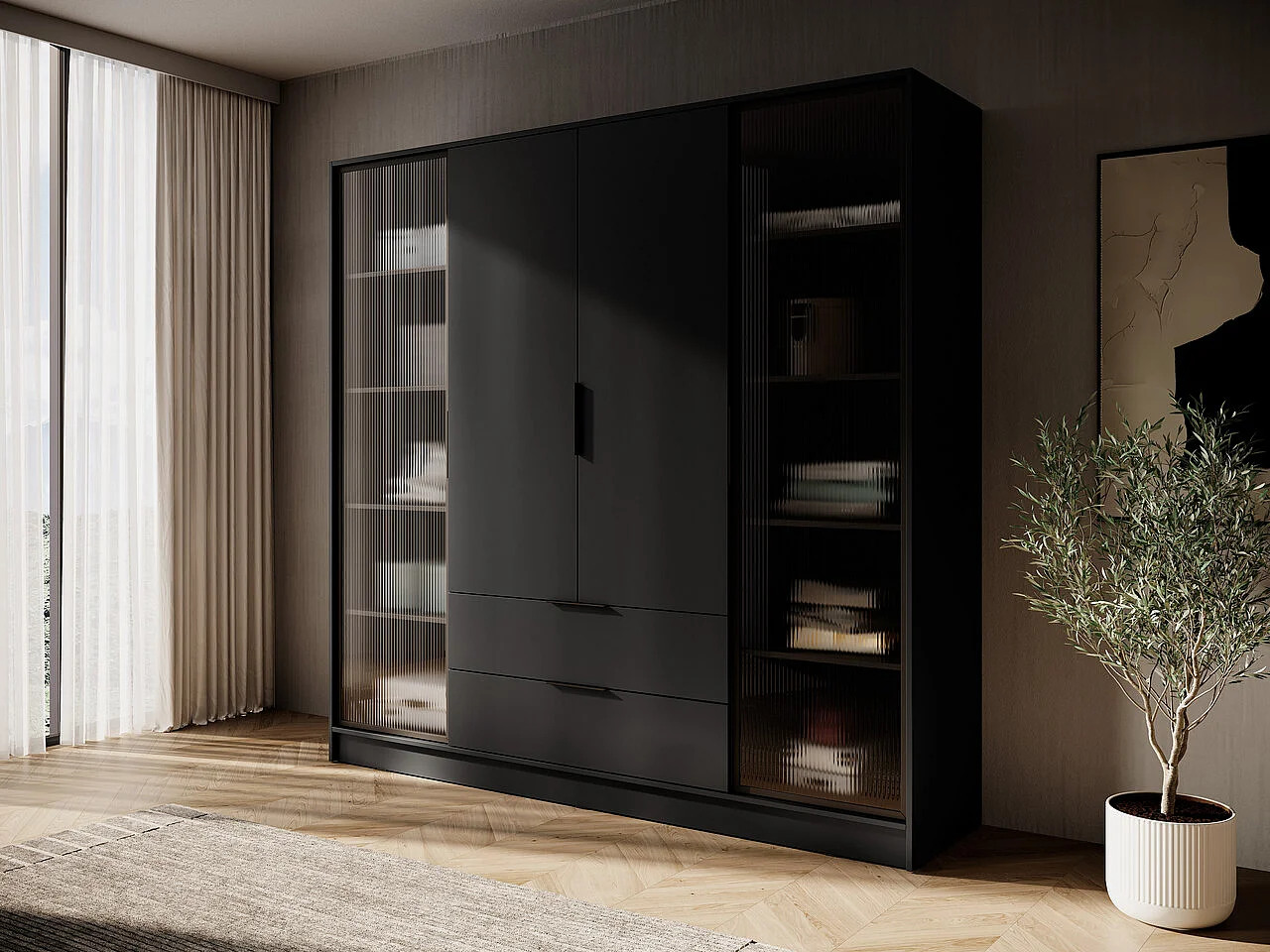 Vierdeurs kast 200 cm Kalma 4DRD met glas, twee lades - moderne kast met draaideuren - zwart