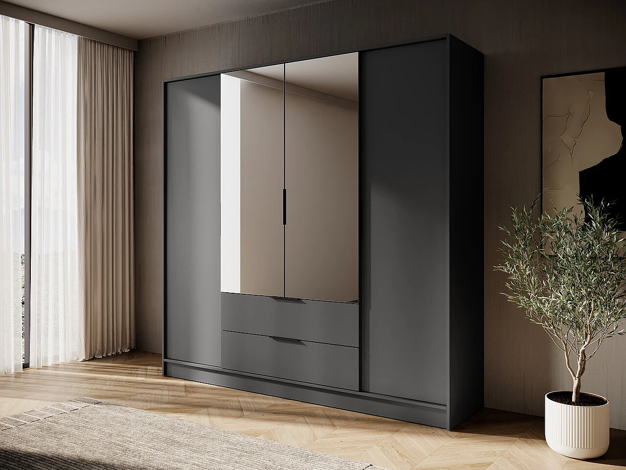 Armoire avec miroir 200 cm Kalma 4DL - armoire à portes battantes, 2 tiroirs, tringle - graphite