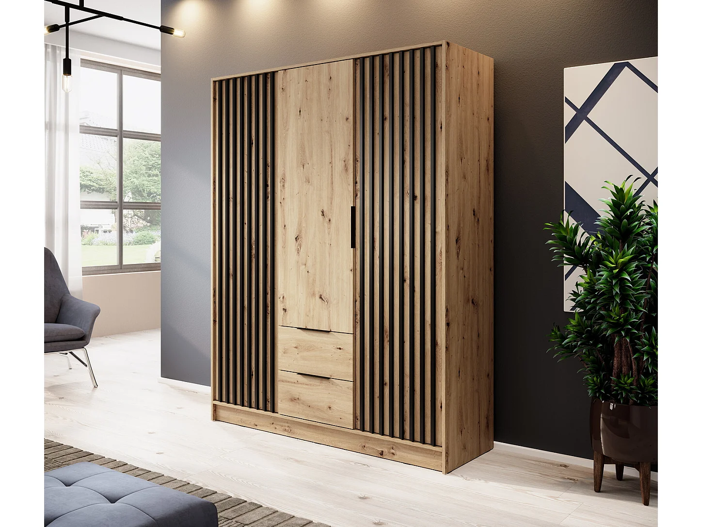 Draaideurkast 150 cm Fioro - kast met lamellen, 2 lades - Artisan eiken