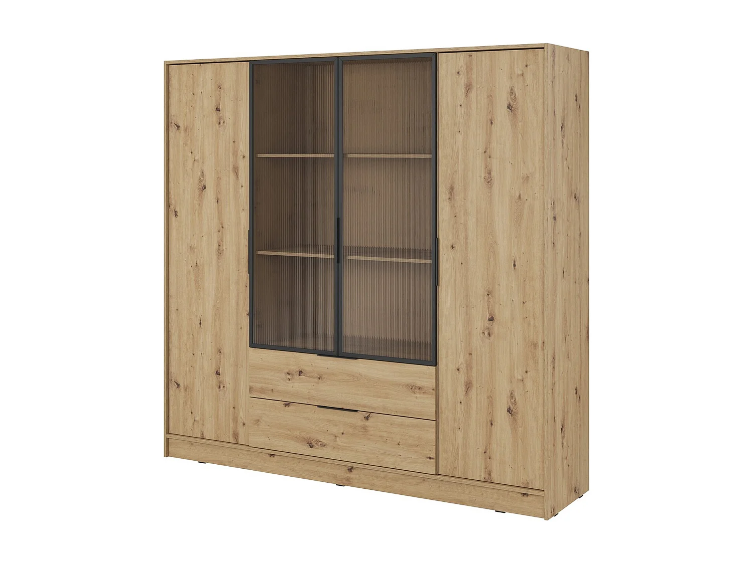 Draaideurkast 200 cm Kalma 4DRM - kast met geribbeld glas, lades, 4 deuren - Artisan eiken