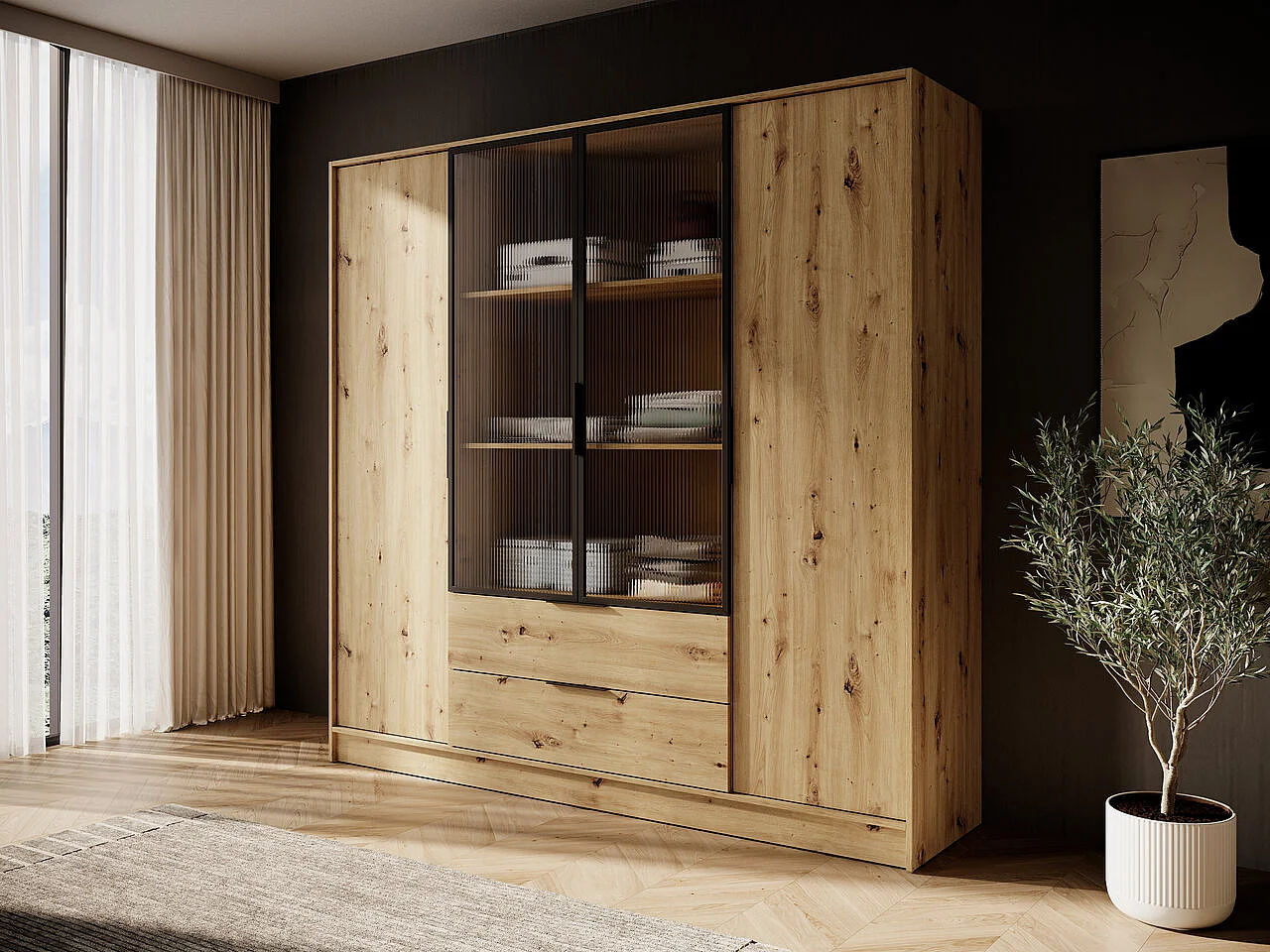 Draaideurkast 200 cm Kalma 4DRM - kast met geribbeld glas, lades, 4 deuren - Artisan eiken