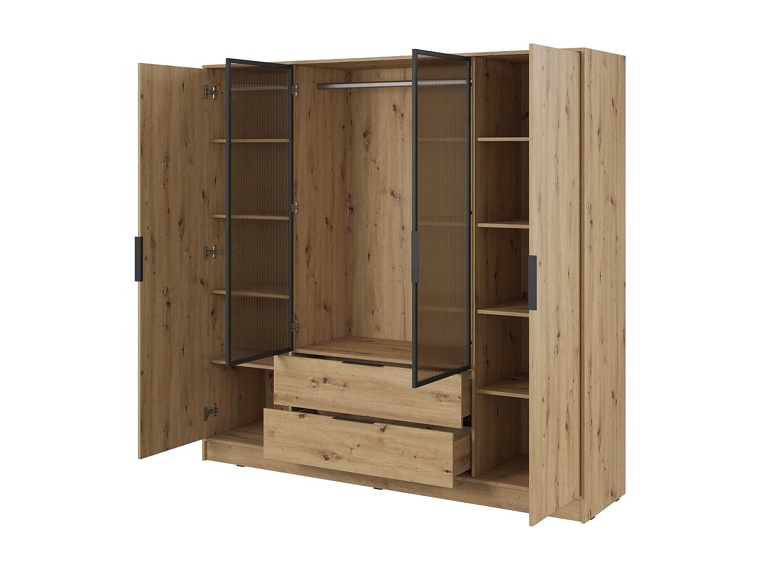 Draaideurkast 200 cm Kalma 4DRM - kast met geribbeld glas, lades, 4 deuren - Artisan eiken