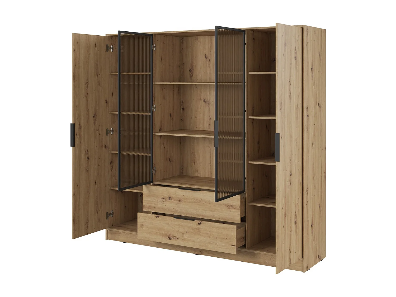 Draaideurkast 200 cm Kalma 4DRM - kast met geribbeld glas, lades, 4 deuren - Artisan eiken
