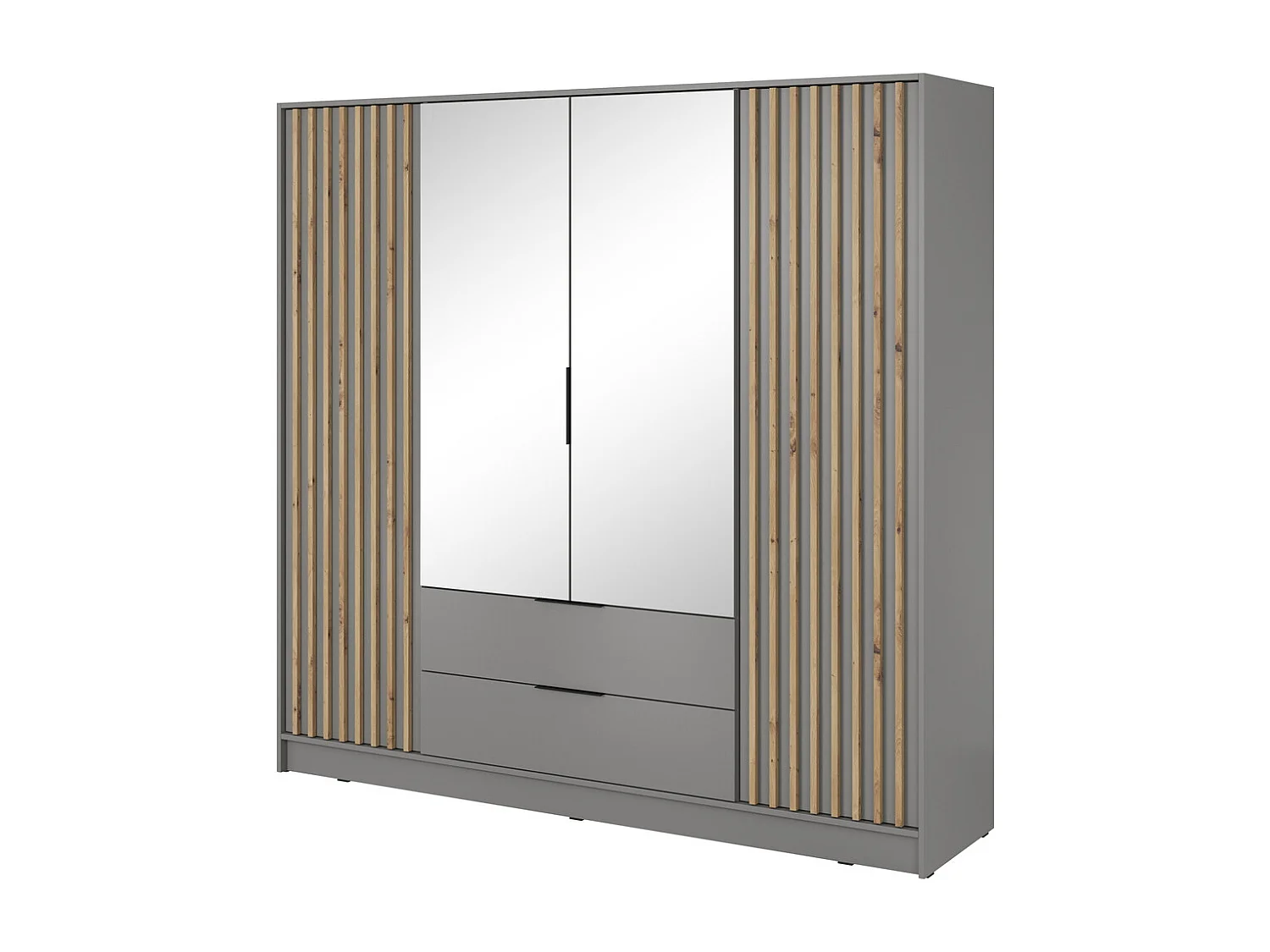 Kast met spiegel Fioro - draaideurkast 200 cm, 4 deuren, lades - lamellen, kledingroede, grijs