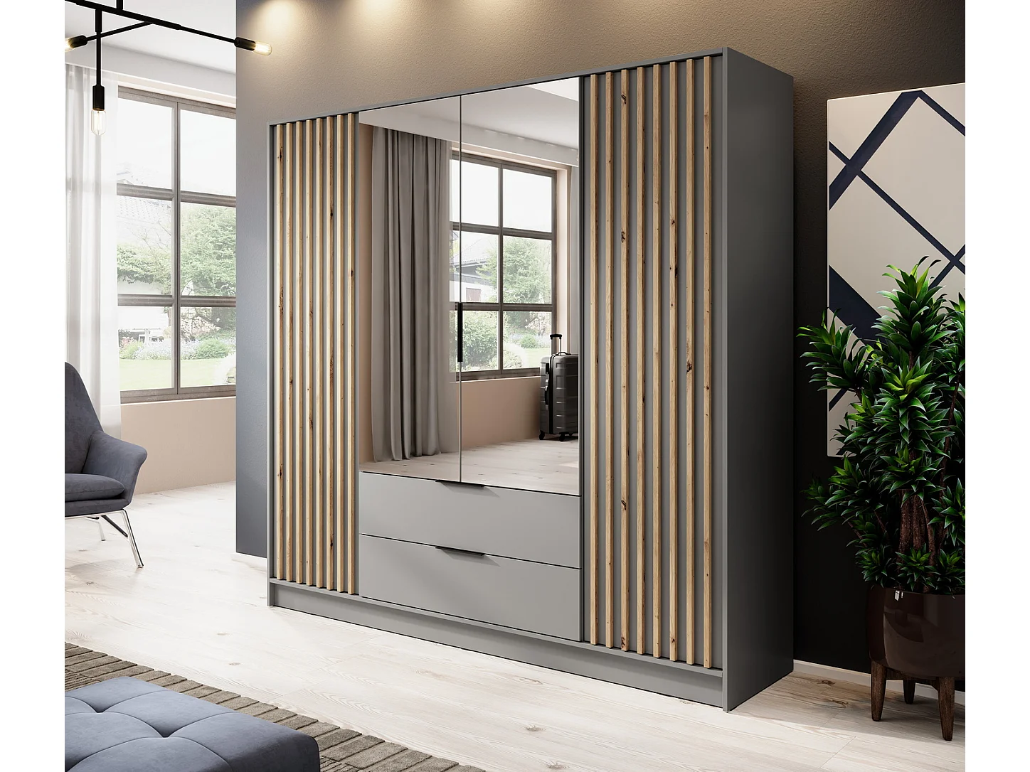 Kast met spiegel Fioro - draaideurkast 200 cm, 4 deuren, lades - lamellen, kledingroede, grijs