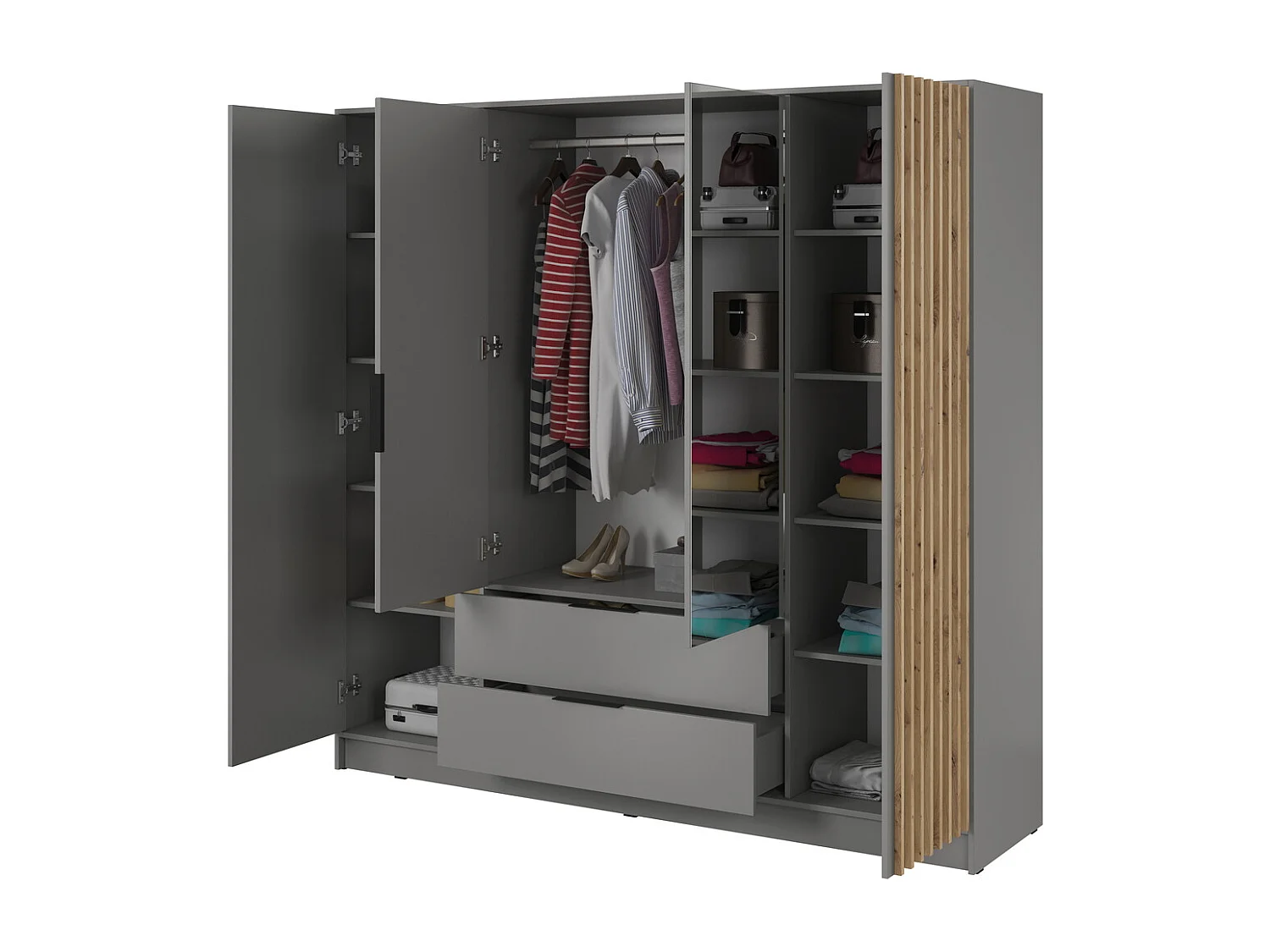Kast met spiegel Fioro - draaideurkast 200 cm, 4 deuren, lades - lamellen, kledingroede, grijs