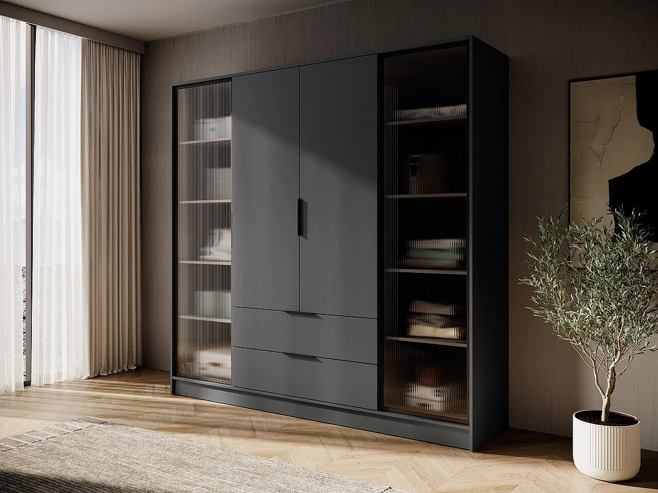 Armoire 4 portes 200 cm Kalma 4DRD avec verre, deux tiroirs - armoire moderne à portes battantes - graphite