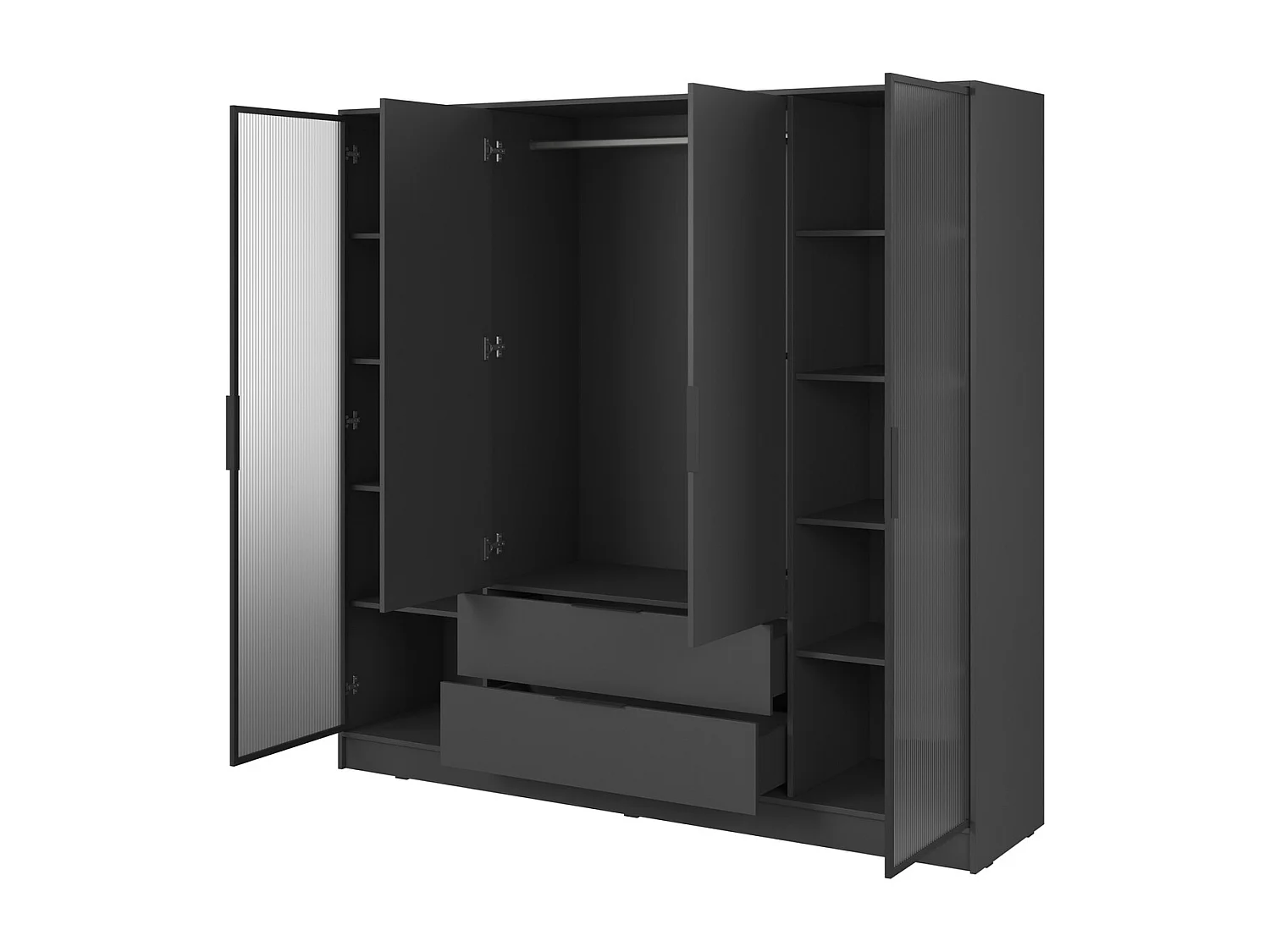 Armoire 4 portes 200 cm Kalma 4DRD avec verre, deux tiroirs - armoire moderne à portes battantes - graphite