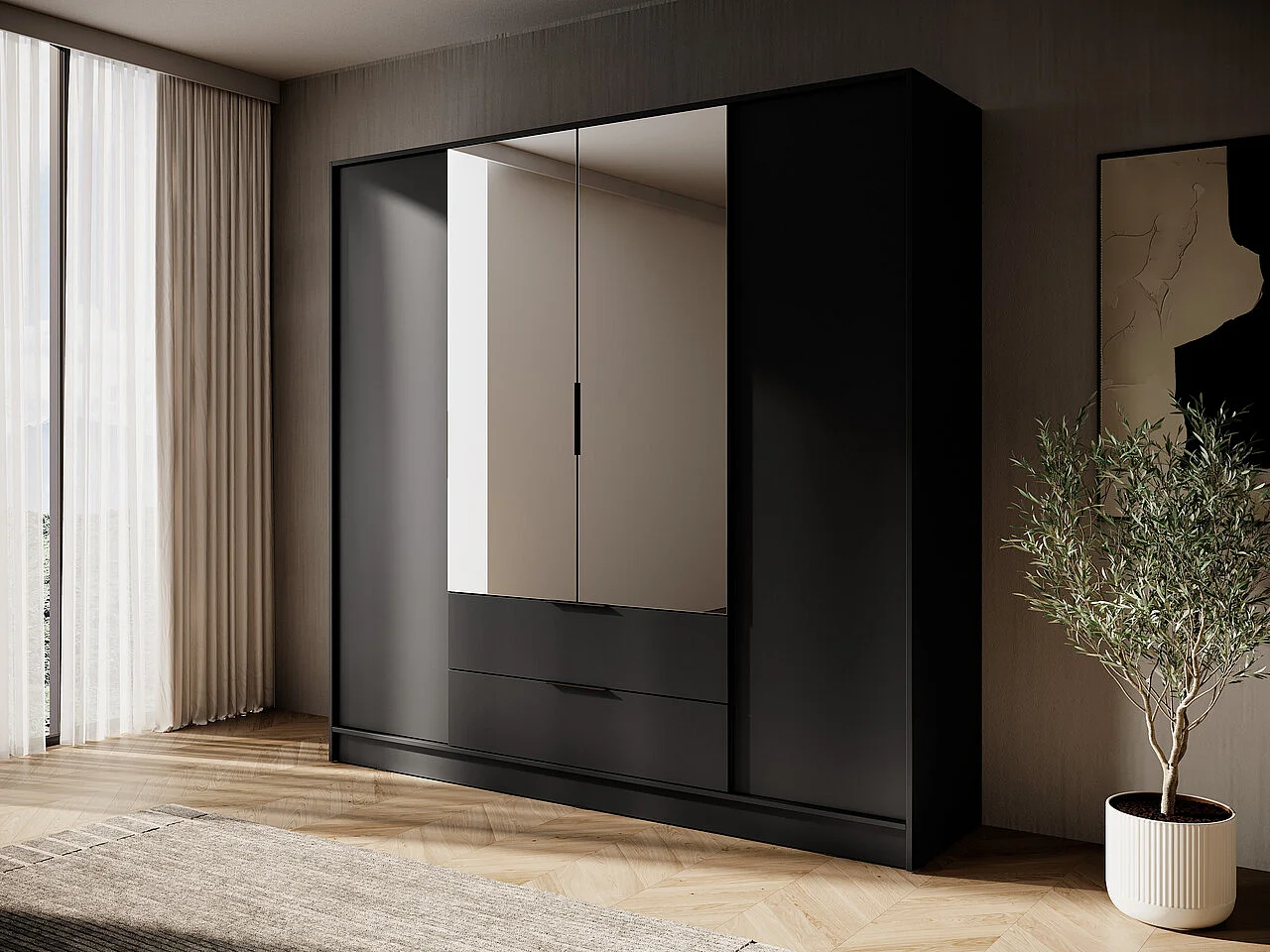 Kast met spiegel 200 cm Kalma 4DL - Draaideurkast met 2 lades, kledingroede - zwart