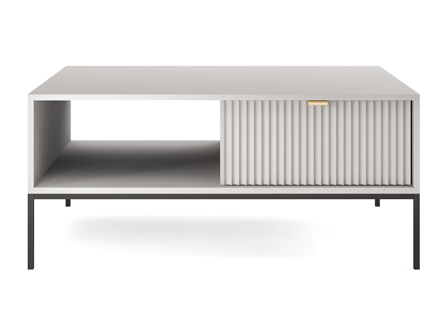 Couchtisch 100 cm Galla - Kaffeetisch mit Schubladen, geriffelten Fronten, Grau + Schwarz