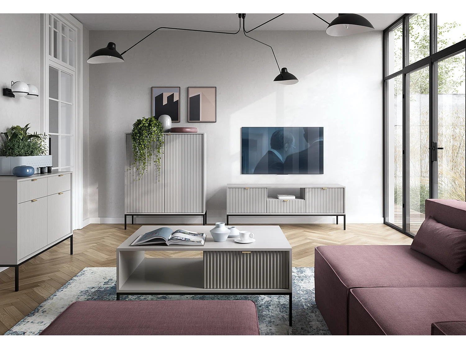Couchtisch 100 cm Galla - Kaffeetisch mit Schubladen, geriffelten Fronten, Grau + Schwarz
