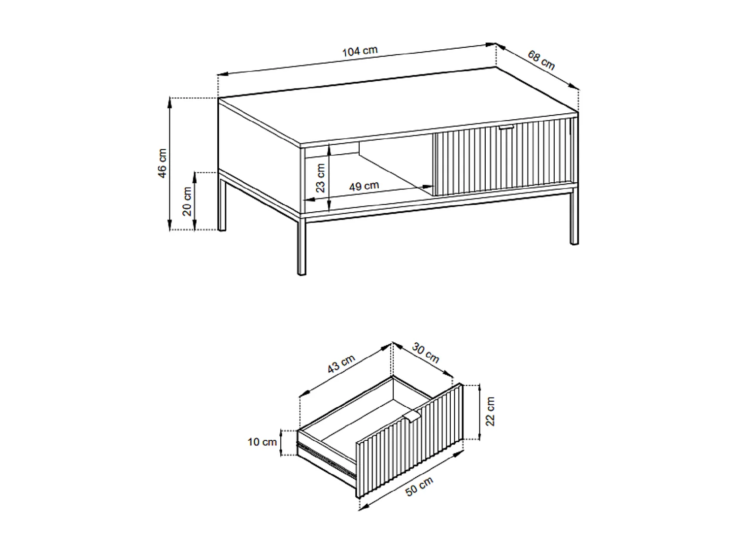 Couchtisch 100 cm Galla - Kaffeetisch mit Schubladen, geriffelten Fronten, Grau + Schwarz