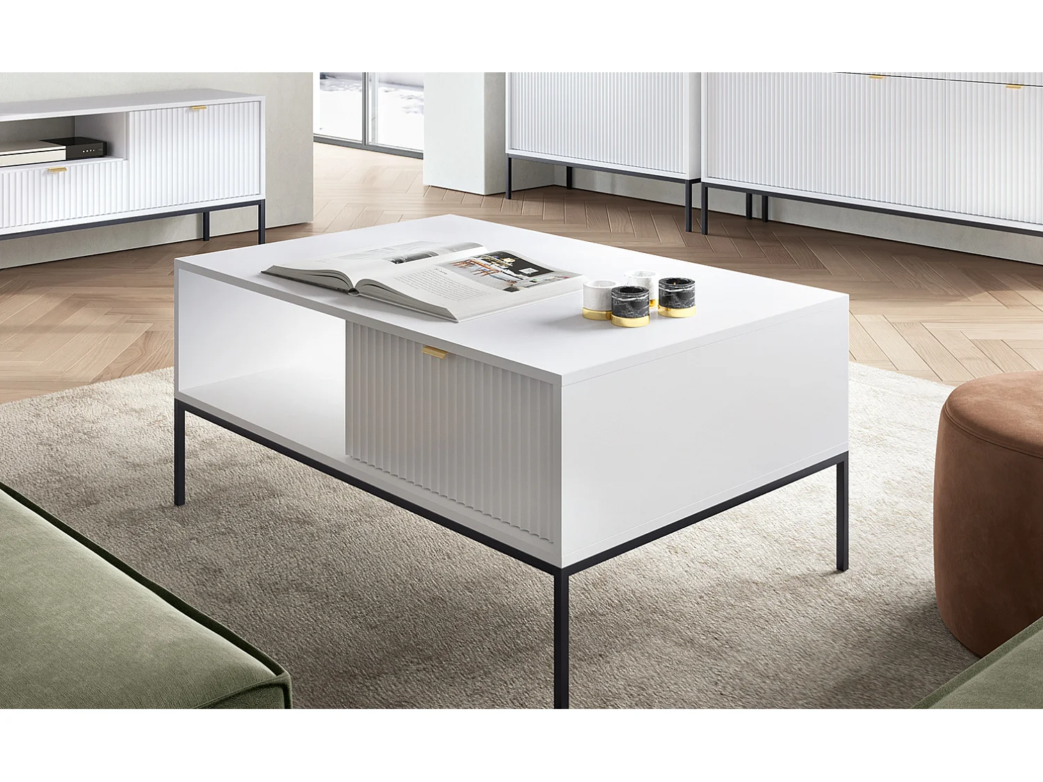 Salontafel 100 cm Galla - koffietafel met lades, geribbelde fronten, wit + zwart
