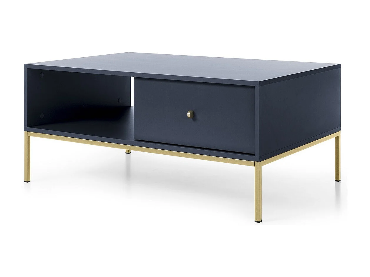 Table basse 100 cm Monti - tiroir, pieds, table de salon - bleu marine + or