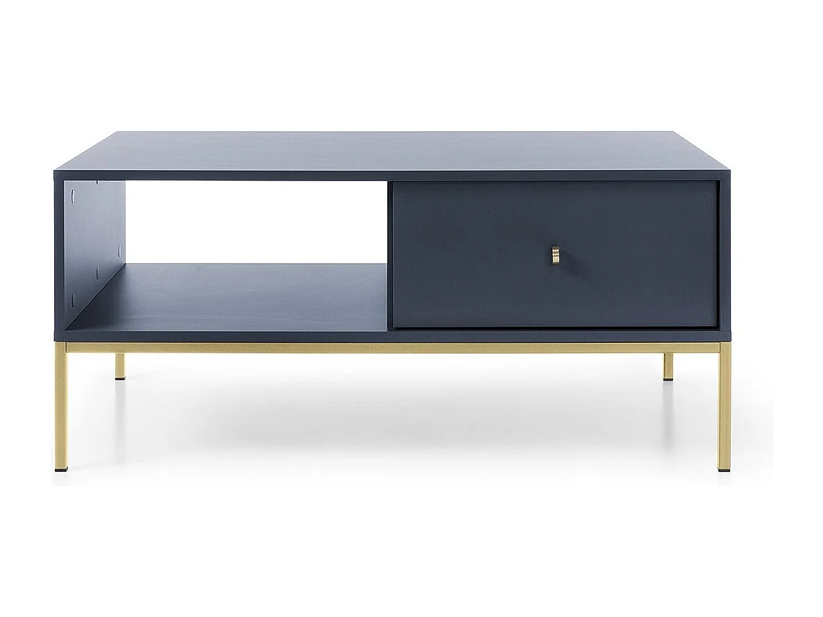 Table basse 100 cm Monti - tiroir, pieds, table de salon - bleu marine + or