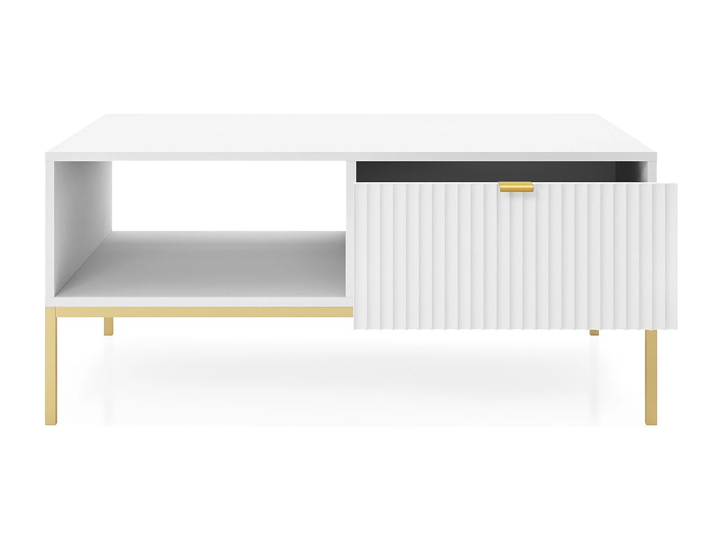 Salontafel 100 cm Galla - koffietafel met lades, geribbelde fronten, wit + goud