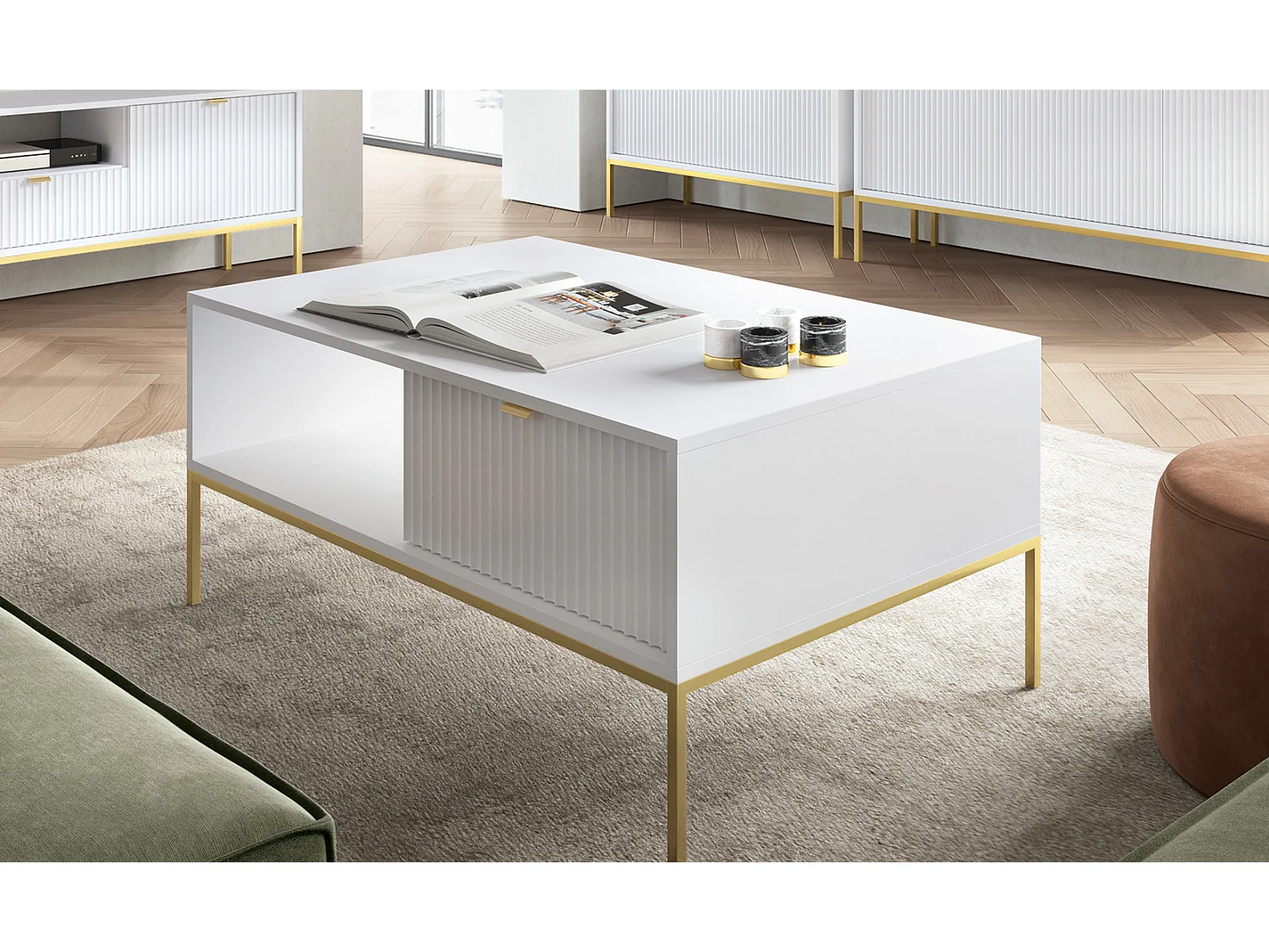 Salontafel 100 cm Galla - koffietafel met lades, geribbelde fronten, wit + goud