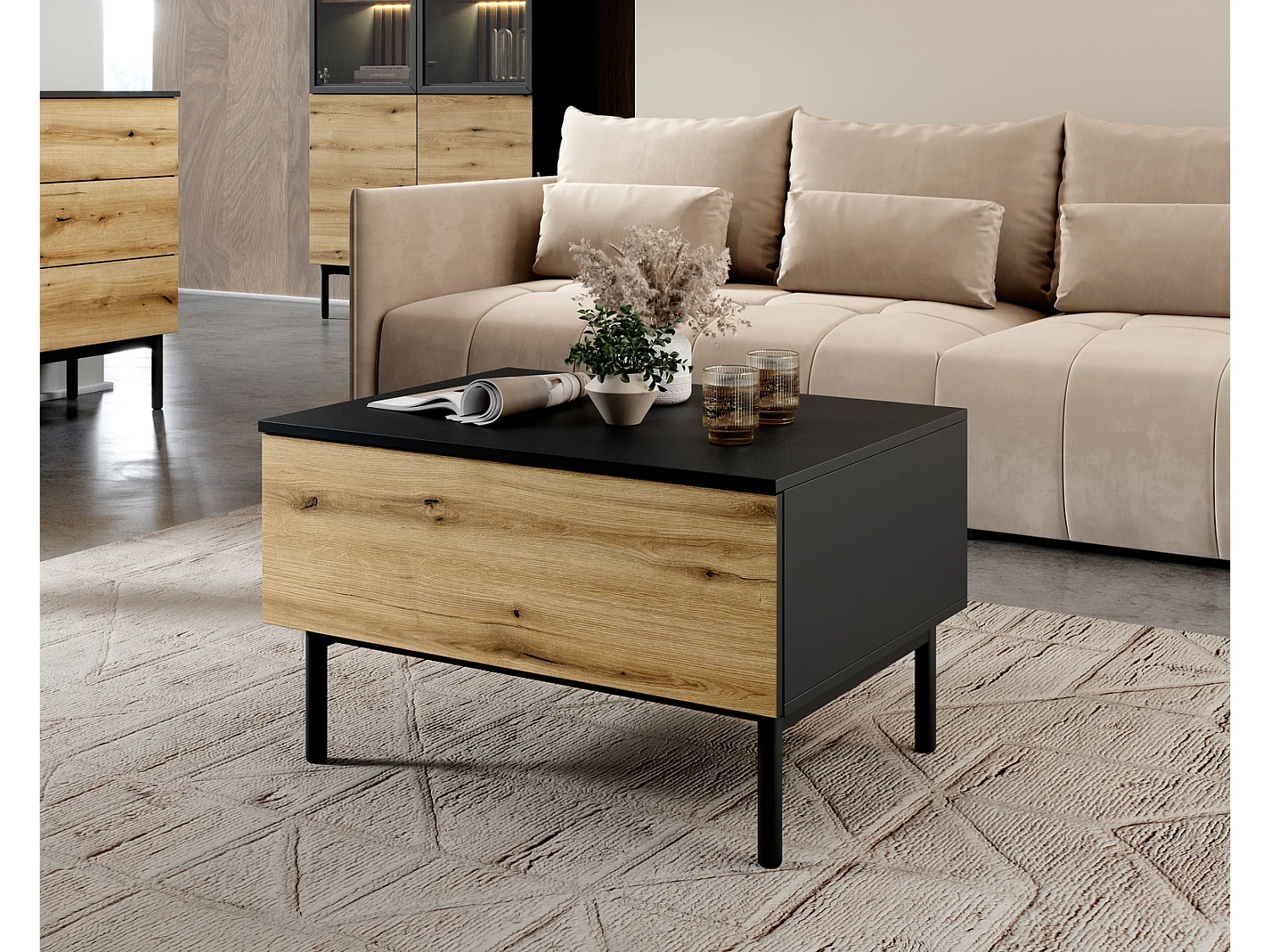 Table basse sur pieds Jotare avec tiroir, table basse 80 cm - chêne Evoke