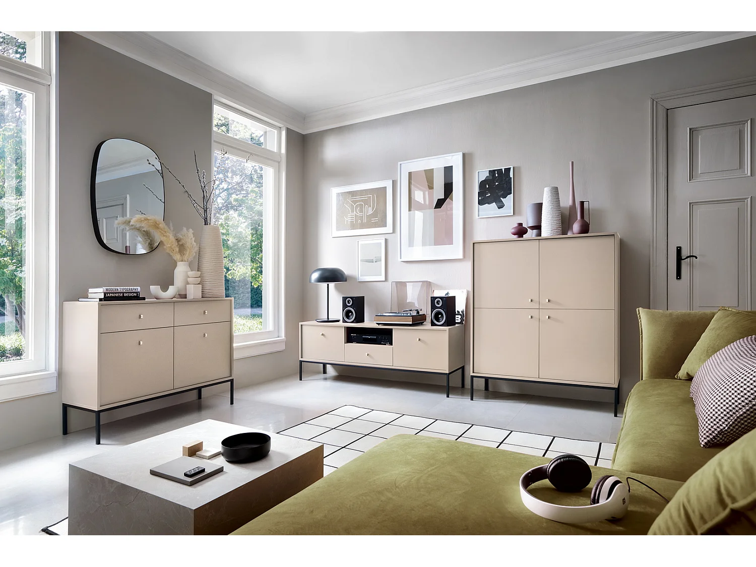 Salontafel 100 cm Monti - lade, poten, woonkamer tafel - beige + zwart