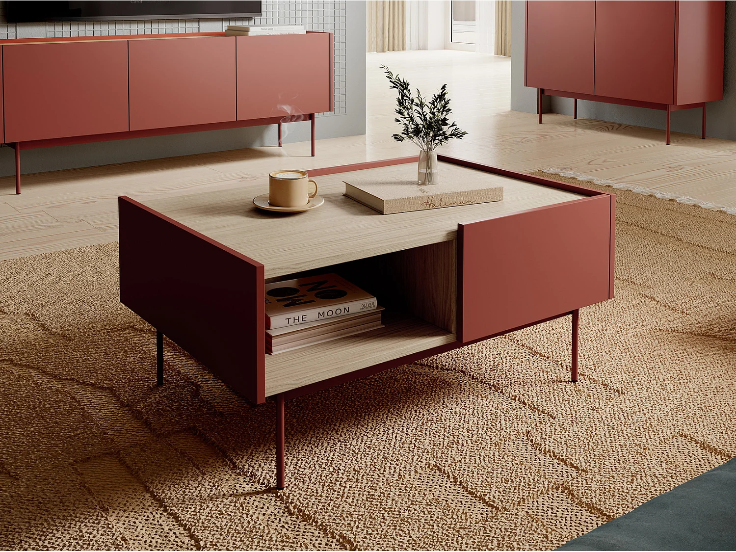Table basse avec tiroirs Laris sur pieds, table basse 100 cm, rouge