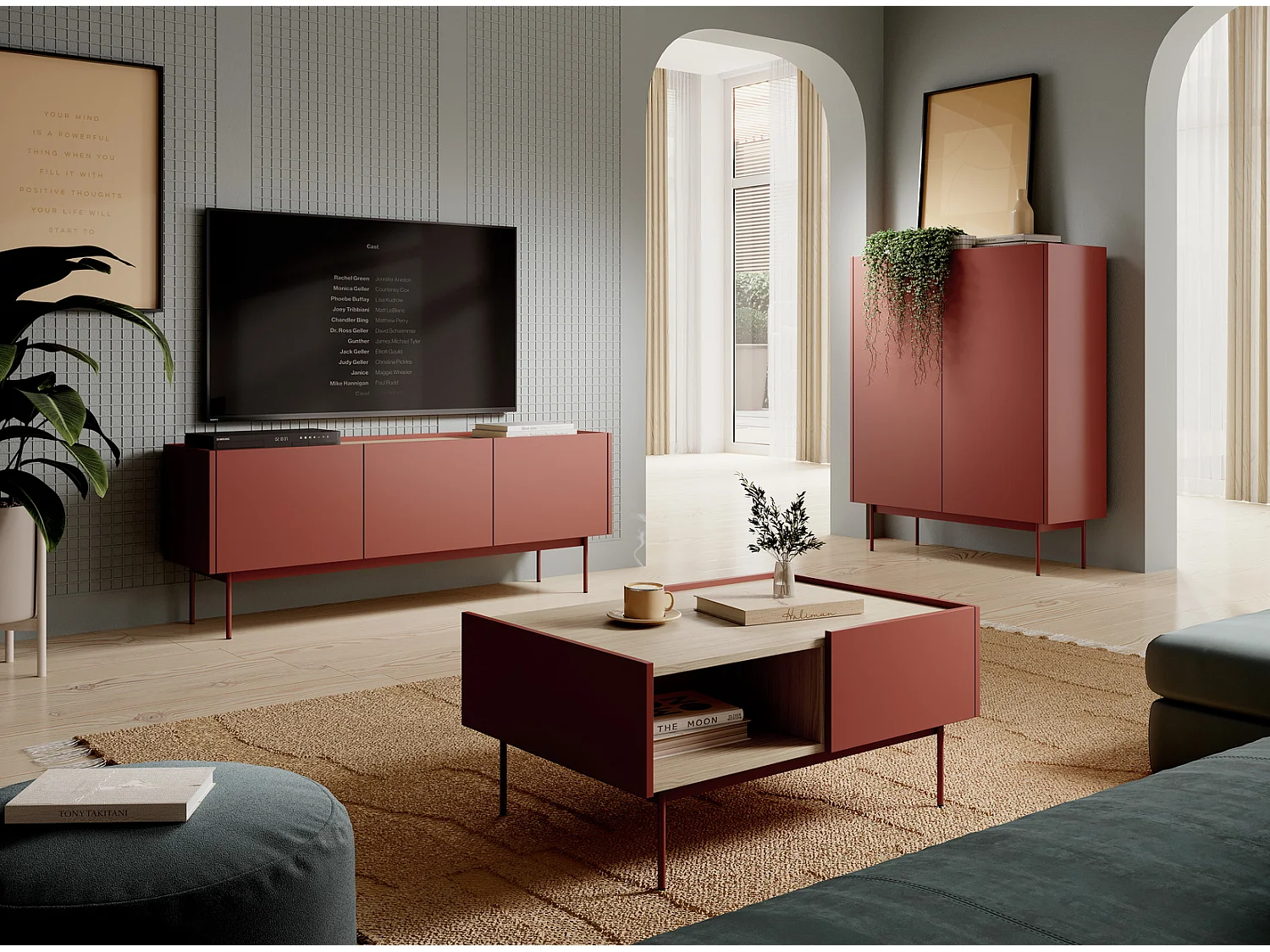 Table basse avec tiroirs Laris sur pieds, table basse 100 cm, rouge