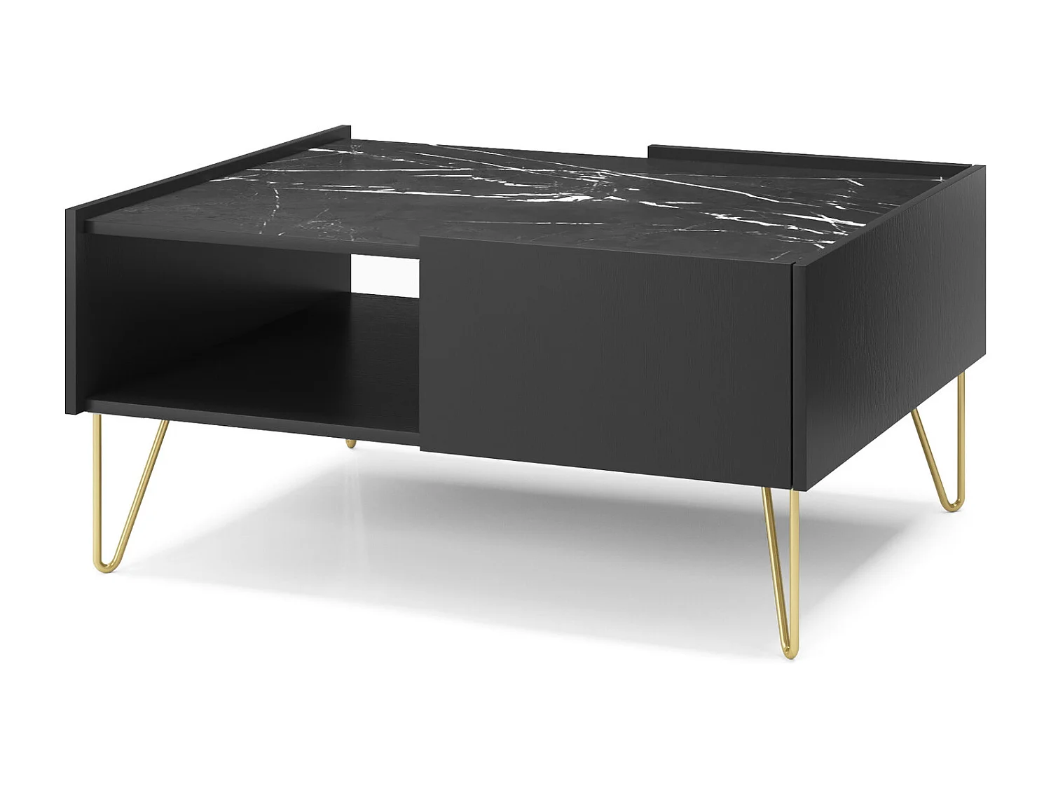 Table basse sur pieds dorés Olven, 100 cm, tiroir - noir + marbre