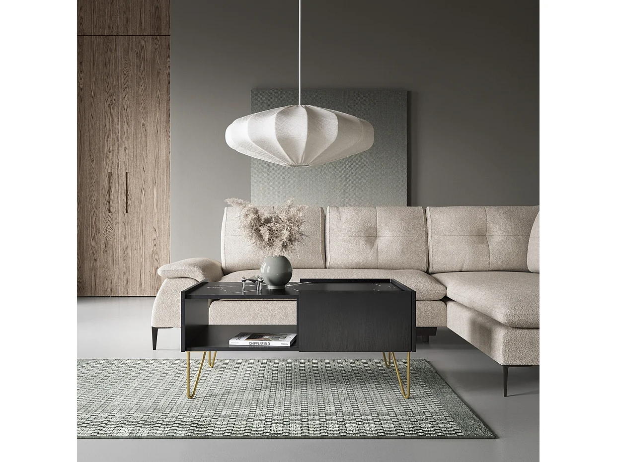 Table basse sur pieds dorés Olven, 100 cm, tiroir - noir + marbre