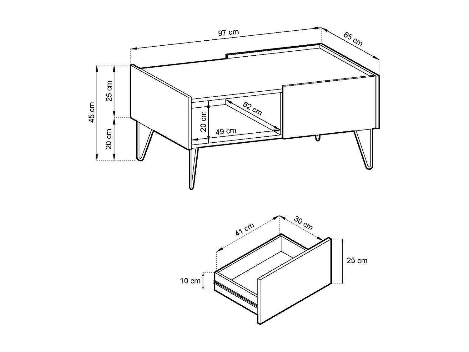 Table basse sur pieds dorés Olven, 100 cm, tiroir - noir + marbre