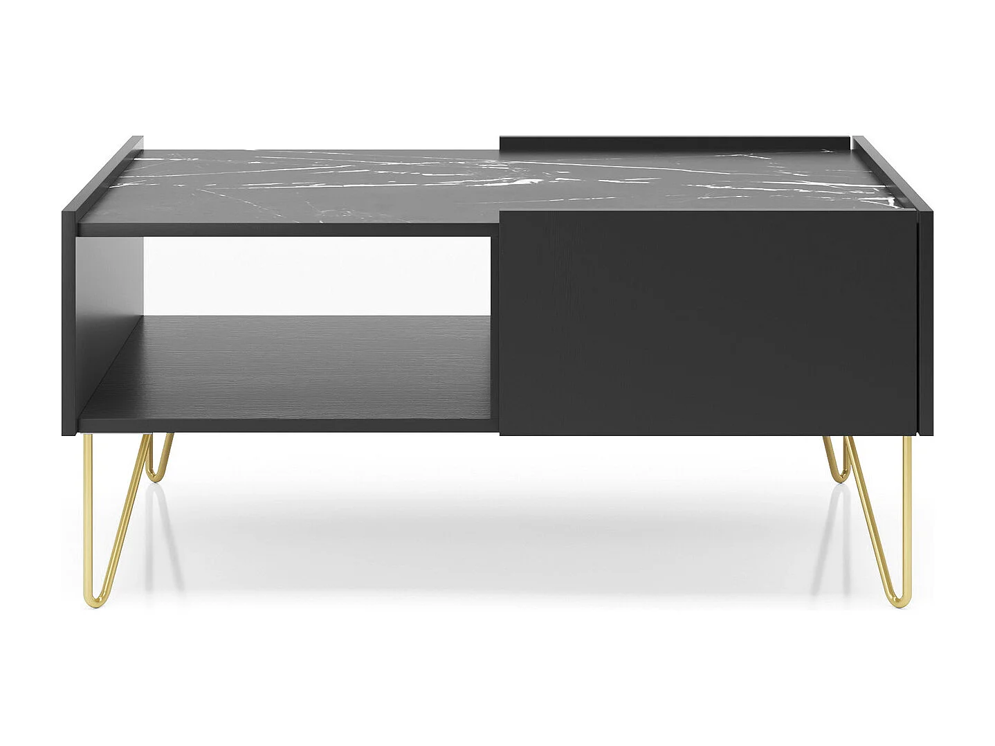 Table basse sur pieds dorés Olven, 100 cm, tiroir - noir + marbre