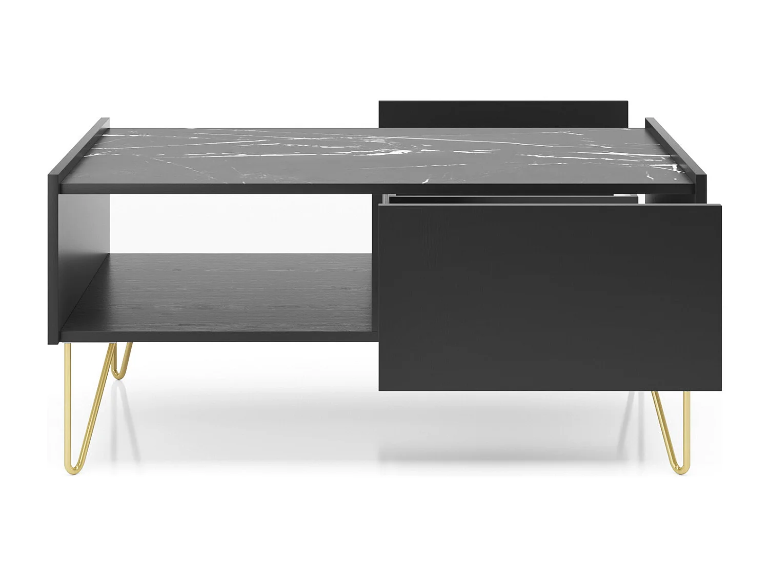 Table basse sur pieds dorés Olven, 100 cm, tiroir - noir + marbre