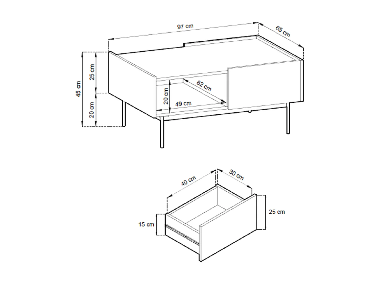 Salontafel met laden Laris op poten, salontafel 100 cm, kasjmier