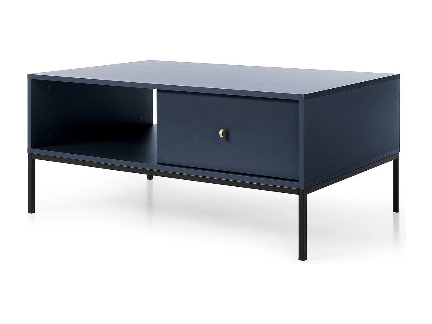 Table basse 100 cm Monti - tiroir, pieds, table de salon - bleu marine + noir