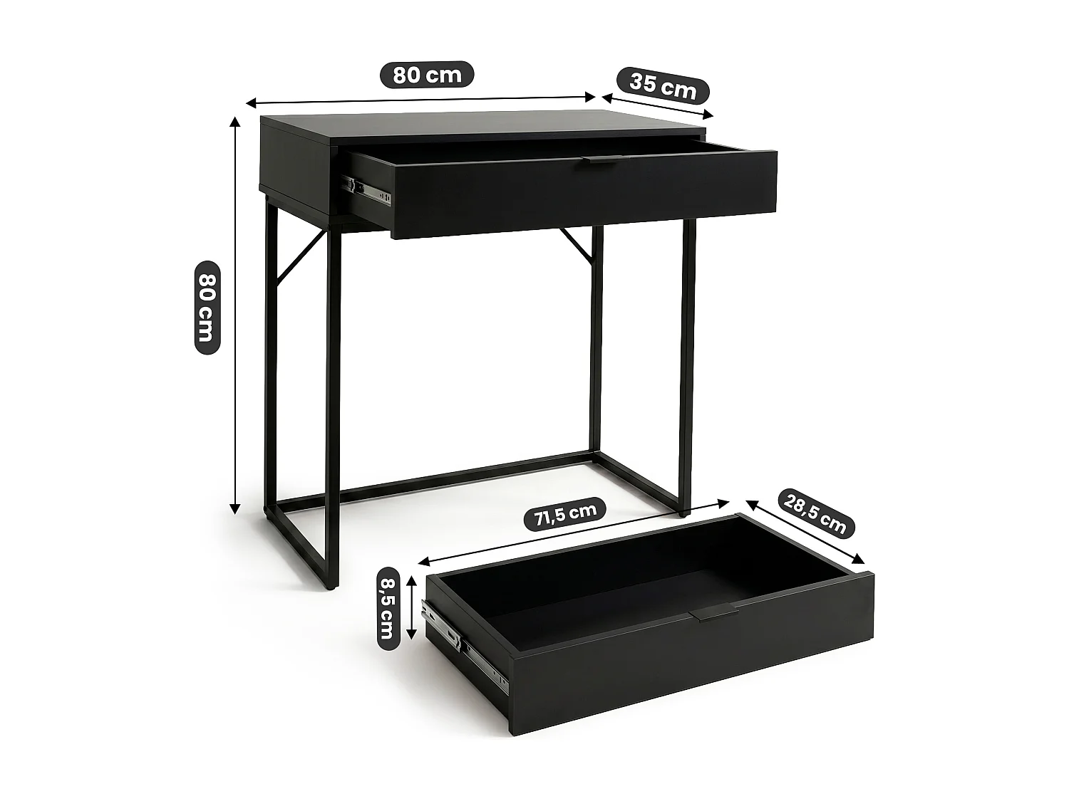 Table console style loft MODENA 1 tiroir 80 cm Noir Pieds noirs