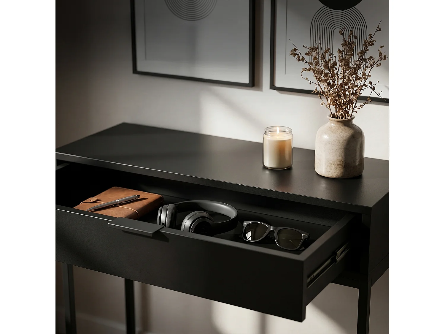 Table console style loft MODENA 1 tiroir 80 cm Noir Pieds noirs
