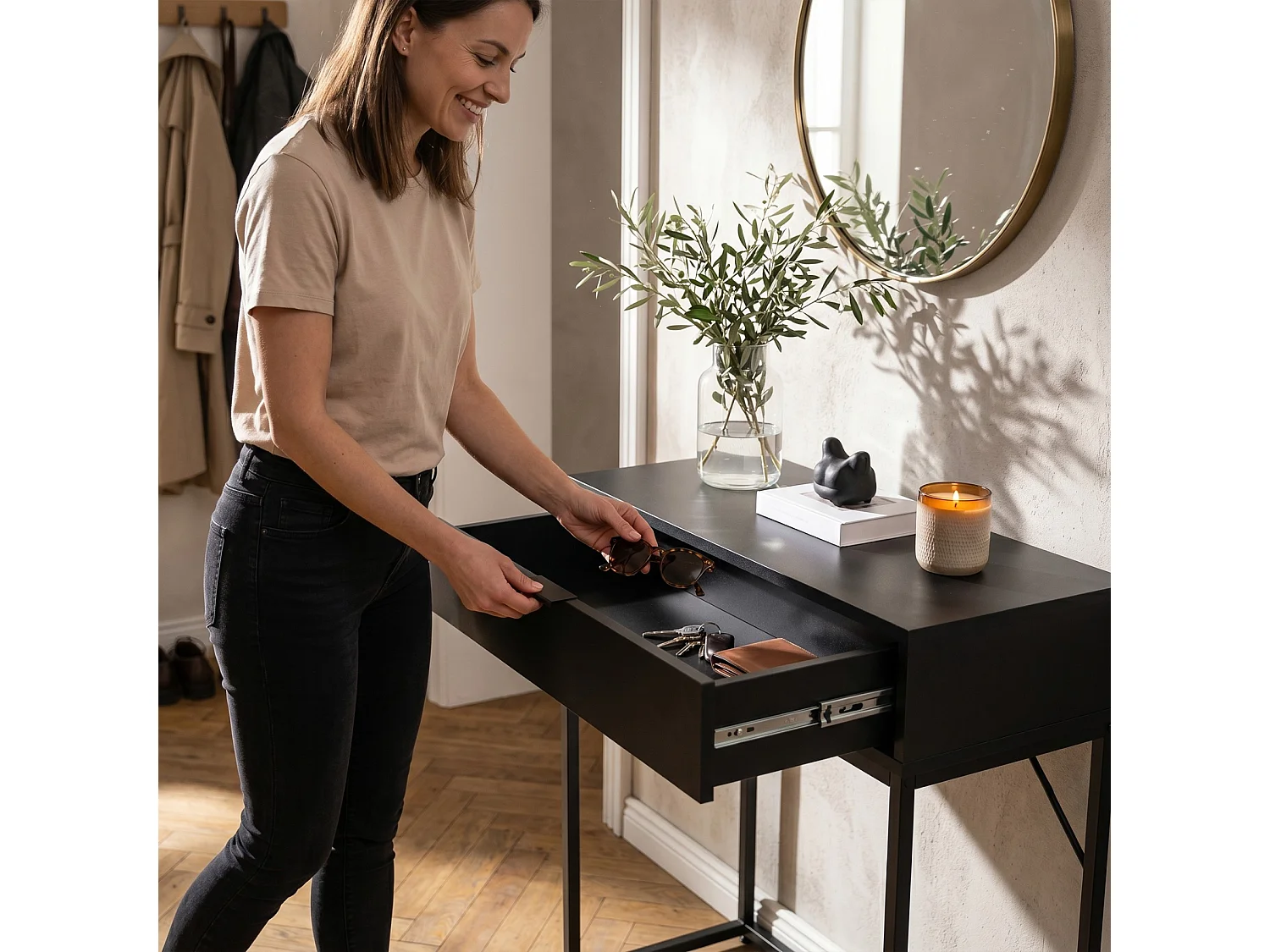 Table console style loft MODENA 1 tiroir 80 cm Noir Pieds noirs