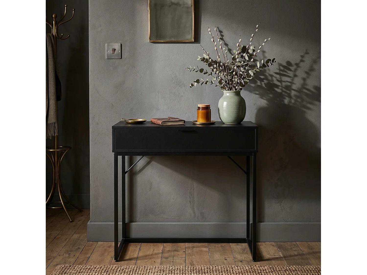 Table console style loft MODENA 1 tiroir 80 cm Noir Pieds noirs