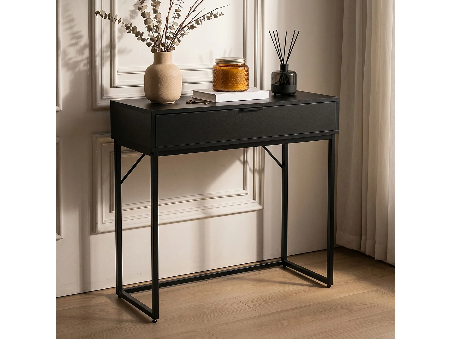 Table console style loft MODENA 1 tiroir 80 cm Noir Pieds noirs