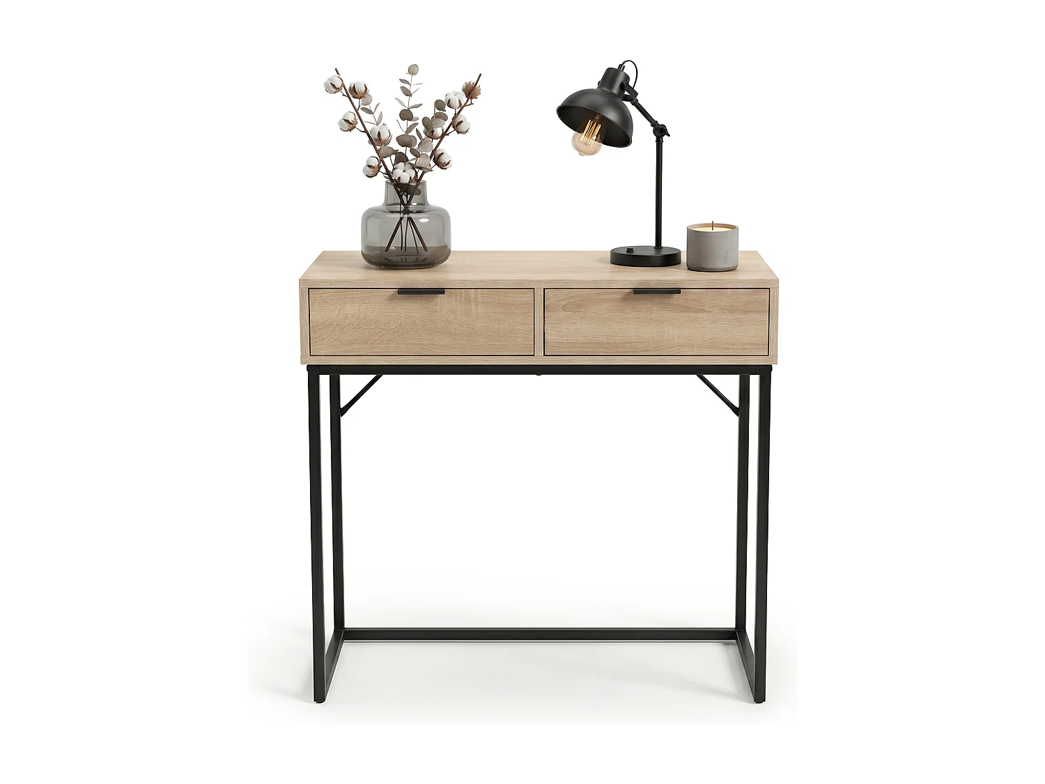Table console style loft ELANO 2 tiroirs 80 cm Chêne Sonoma Pieds noirs
