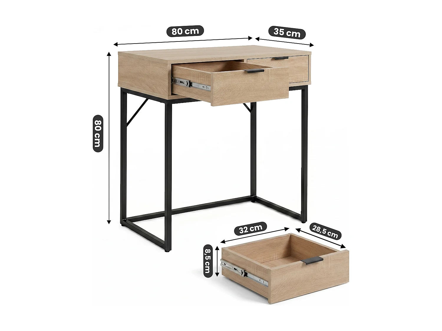 Table console style loft ELANO 2 tiroirs 80 cm Chêne Sonoma Pieds noirs