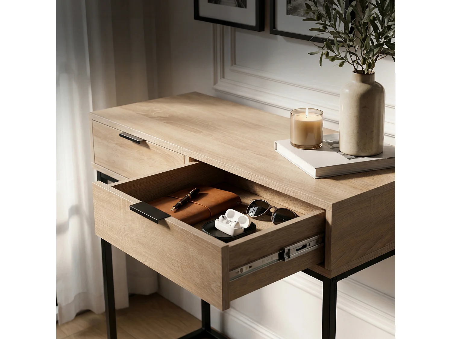 Table console style loft ELANO 2 tiroirs 80 cm Chêne Sonoma Pieds noirs