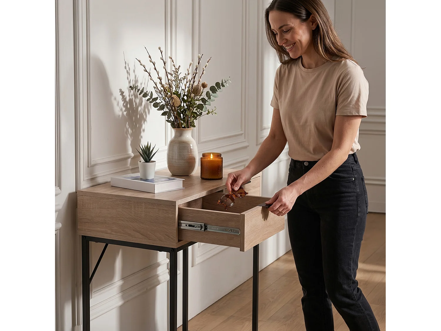 Table console style loft ELANO 2 tiroirs 80 cm Chêne Sonoma Pieds noirs