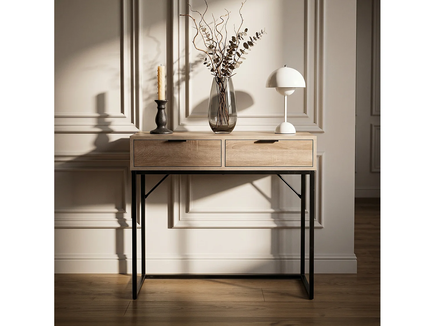 Table console style loft ELANO 2 tiroirs 80 cm Chêne Sonoma Pieds noirs
