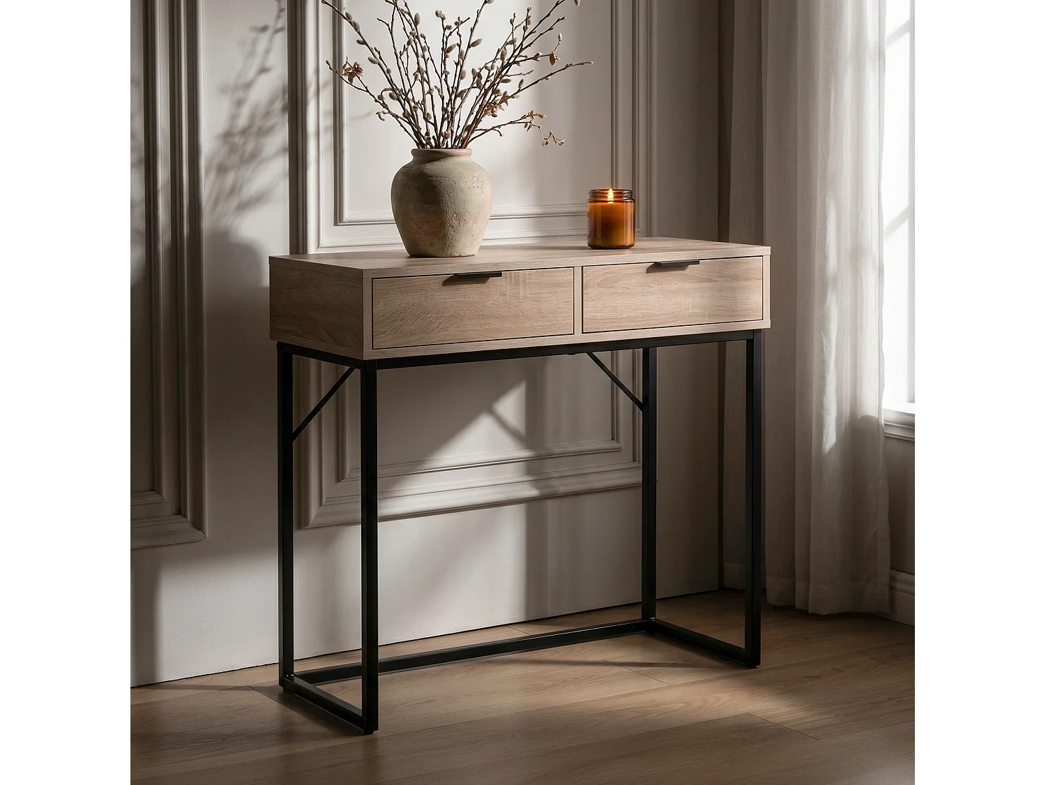 Table console style loft ELANO 2 tiroirs 80 cm Chêne Sonoma Pieds noirs